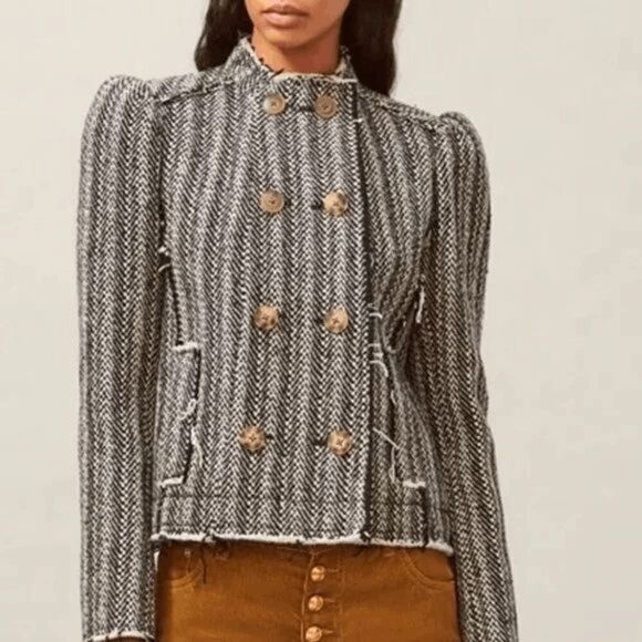 NWT Tory Burch Sammy Herringbone Tweed Raw Edge Double Breast Jacket Sz 8 - Picture 1 of 13